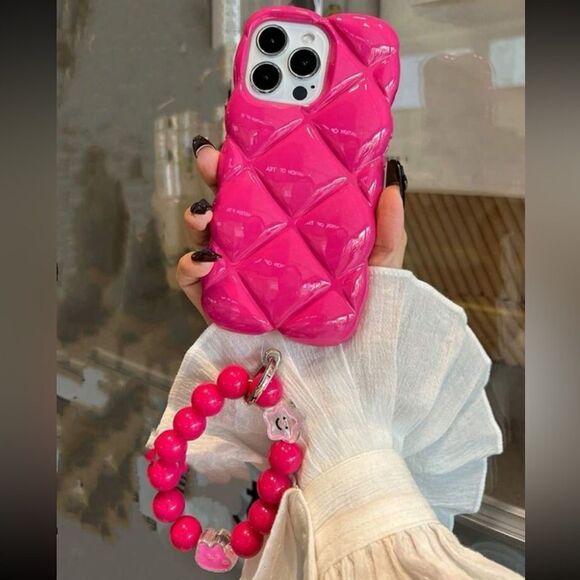 Pink Quilted IPhone 16 Pro Max Case with Beaded Strap - Picture 1 of 8
